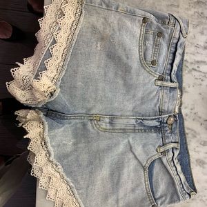 Free People Lace Bottom High Waisted Jean Shorts